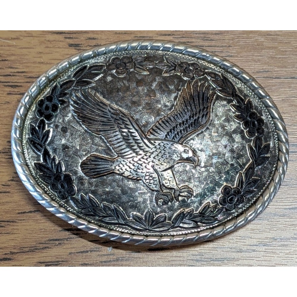 Vintage W Made in USA Silver Tone Soaring Eagle Oval Belt Buckle Western Rope